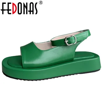 FEDONAS/ Маркови Нови Дамски Сандали на равна подметка с отворени пръсти и платформа; Колекция 2022 г.; Лятна Дамски Обувки от естествена кожа с каишка на щиколотке задържани в стил Ретро ; Ежедневни обувки