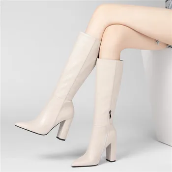 MORAZORA/големи размери 34-43, Новост 2022 г., женски ботуши на дебел висок ток, зимни ботуши до Коляното, дамски модни обувки джоб с остри пръсти